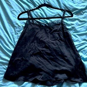 Adjustable straps babydoll faux silk tank top with eyelet/lace  detail